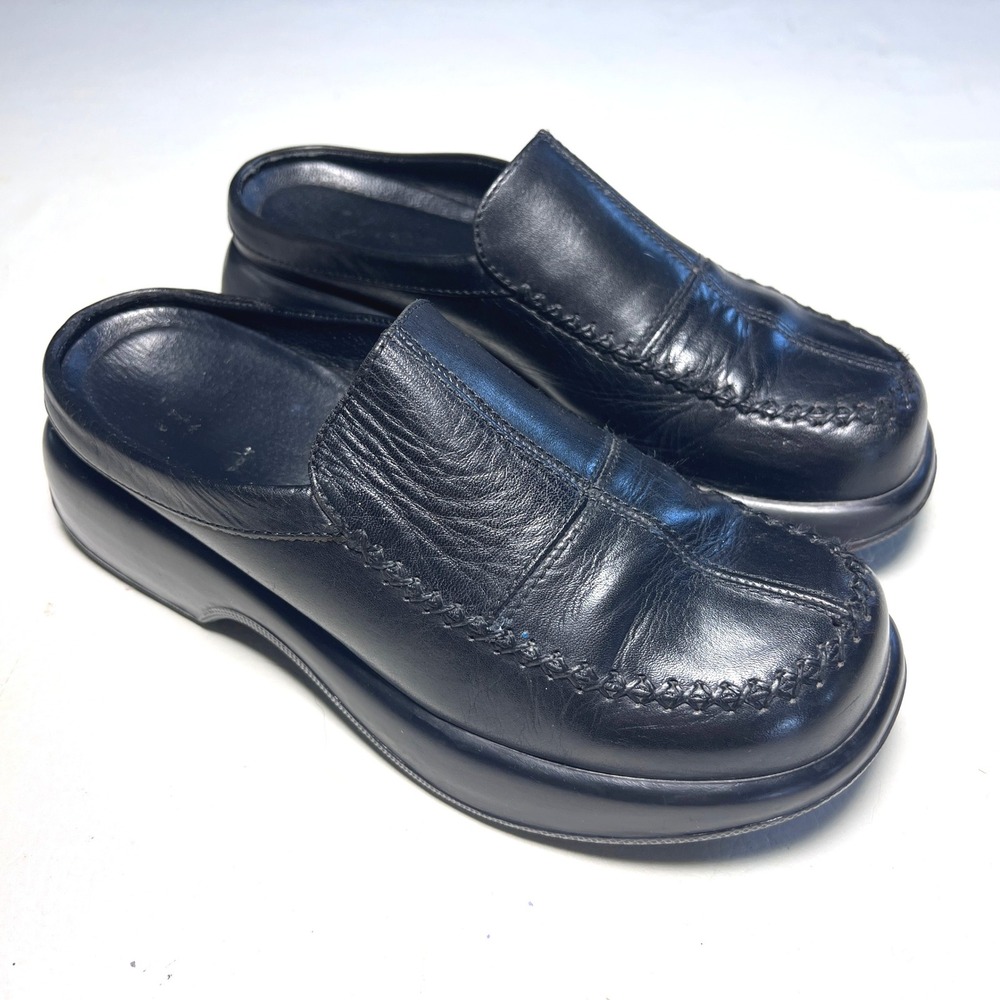 Dansko Mules Women 38 Black Leather Slip On Clogs Whipstitch Comfort Work